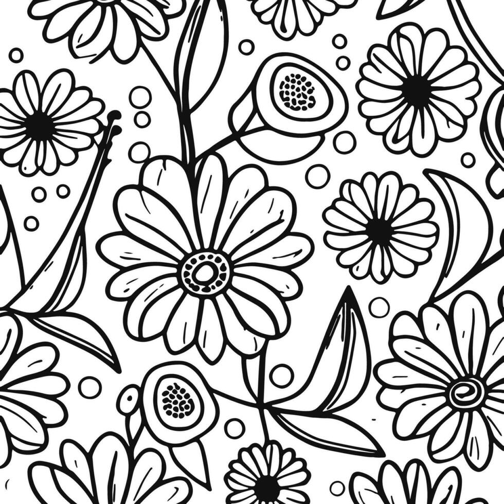 Abstract Black And White Monochromatic Hand-drawn Flowers Texture Pattern Doodle Vector Illustration
