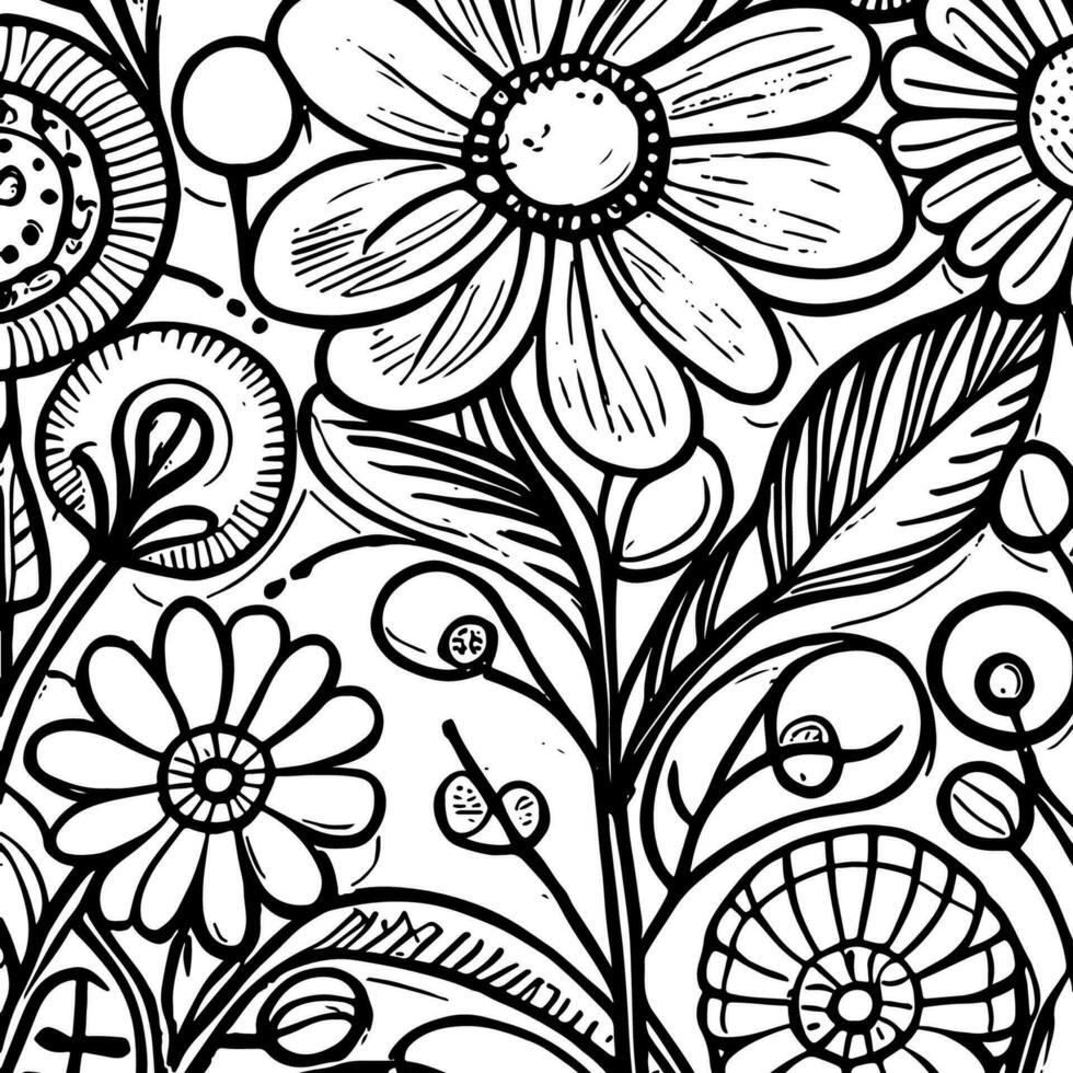 Abstract Black And White Monochromatic Hand-drawn Flowers Texture ...