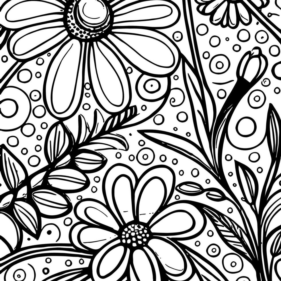 Abstract Black And White Monochromatic Hand-drawn Flowers Texture Pattern Doodle Vector Illustration