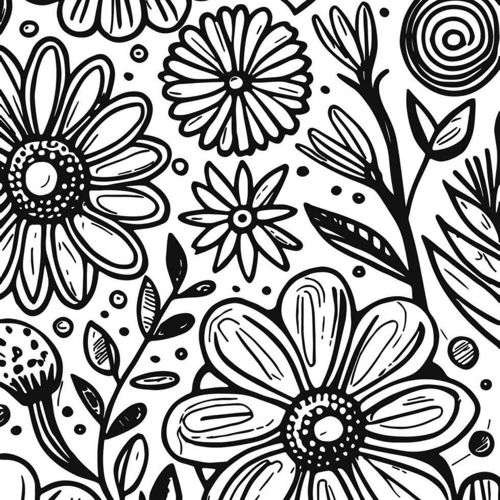 Abstract Black And White Monochromatic Hand-drawn Flowers Texture Pattern Doodle Vector Illustration