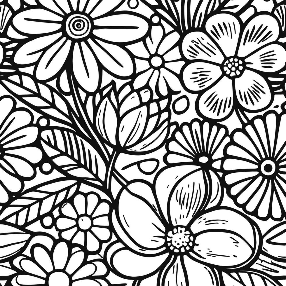 Abstract Black And White Monochromatic Hand-drawn Flowers Texture Pattern Doodle Vector Illustration