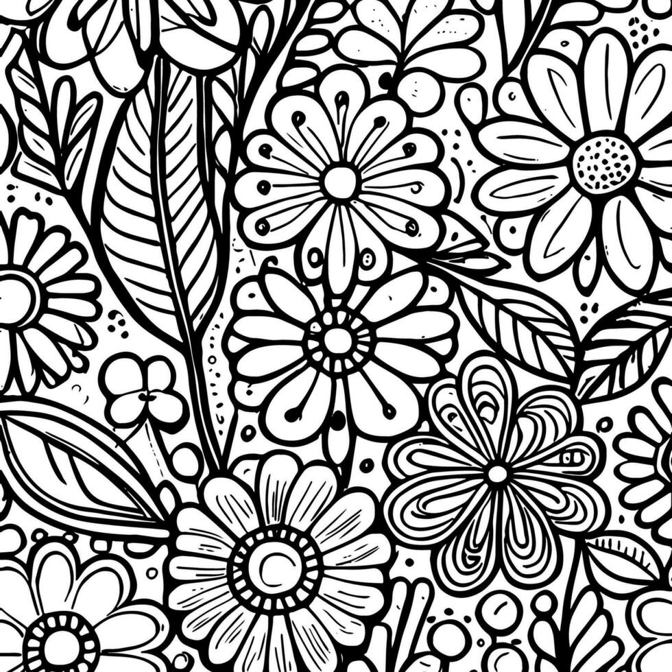 Abstract Black And White Monochromatic Hand-drawn Flowers Texture Pattern Doodle Vector Illustration