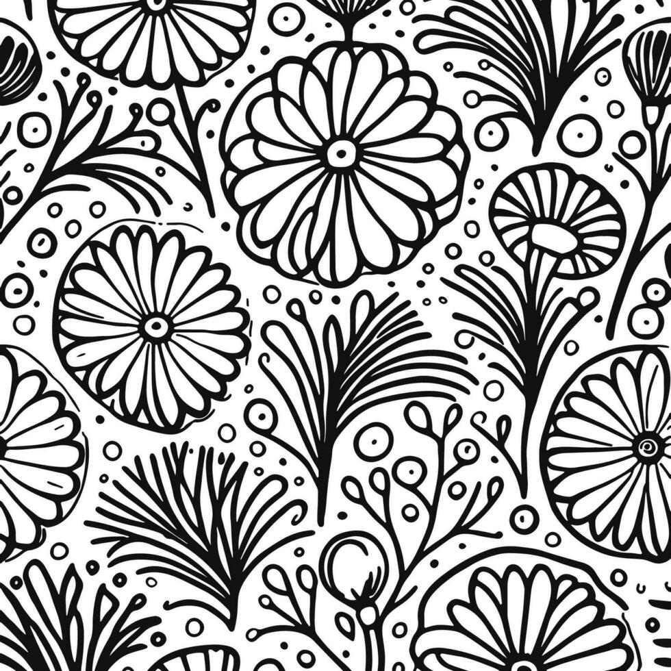 Abstract Black And White Monochromatic Hand-drawn Flowers Texture Pattern Doodle Vector Illustration