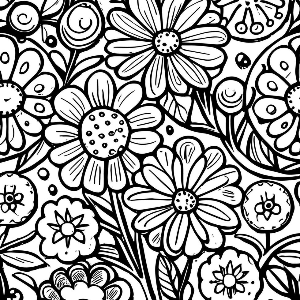 Abstract Black And White Monochromatic Hand-drawn Flowers Texture Pattern Doodle Vector Illustration