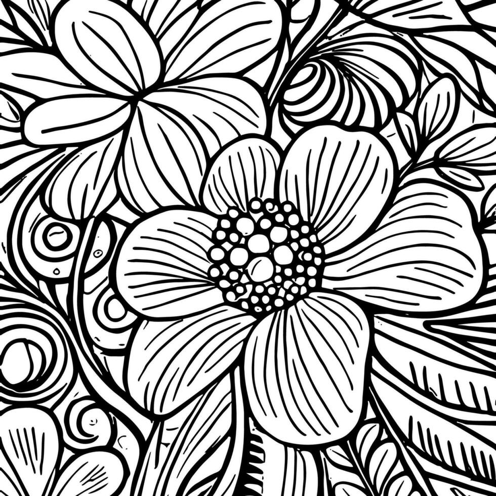 Abstract Black And White Monochromatic Hand-drawn Flowers Texture Pattern Doodle Vector Illustration