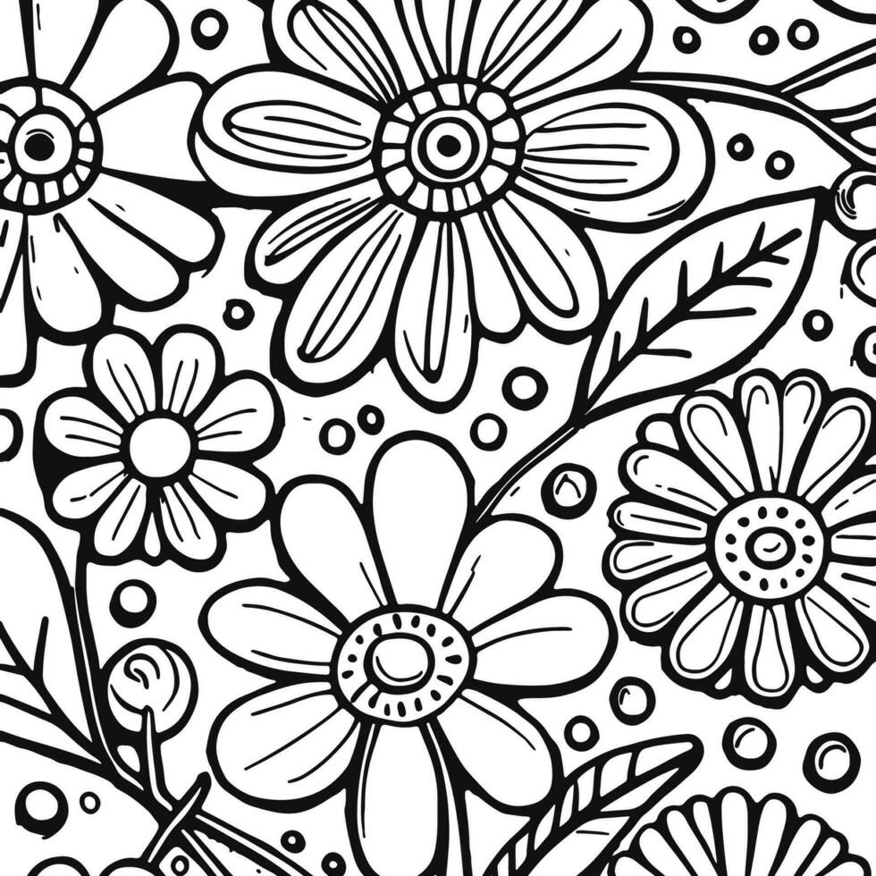 Abstract Black And White Monochromatic Hand-drawn Flowers Texture Pattern Doodle Vector Illustration