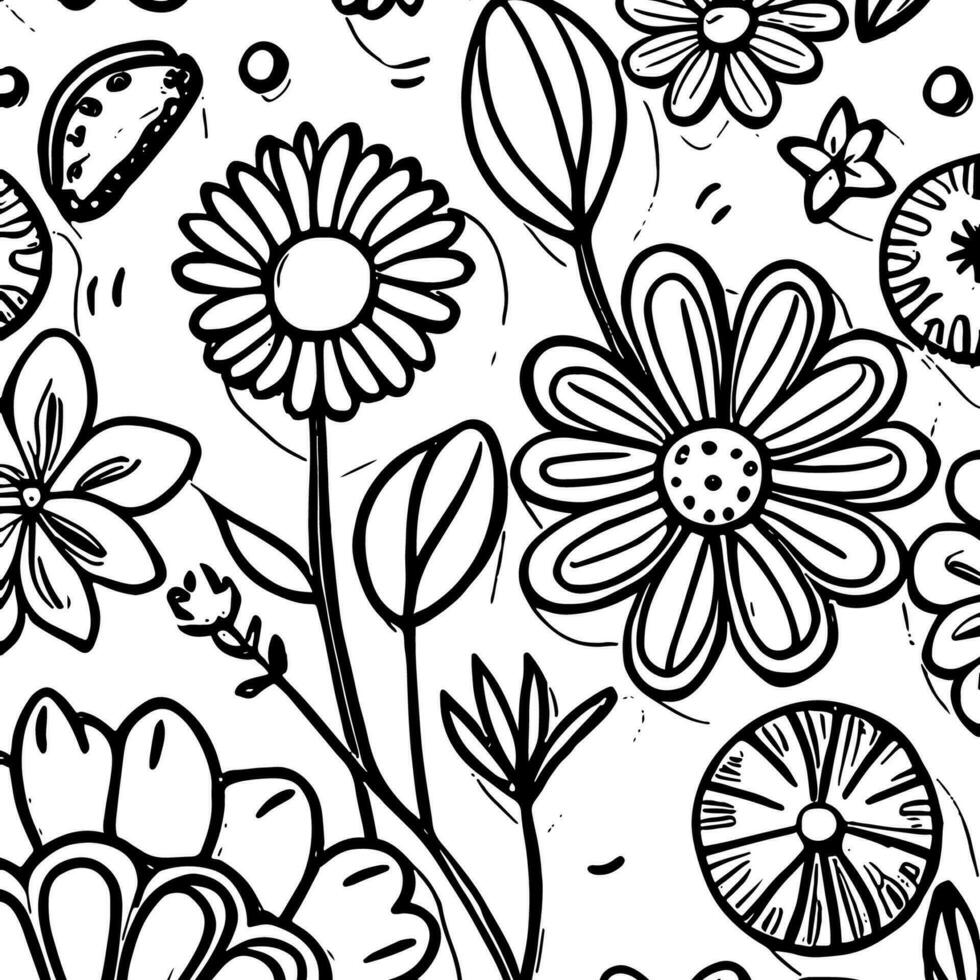 Abstract Black And White Monochromatic Hand-drawn Flowers Texture Pattern Doodle Vector Illustration