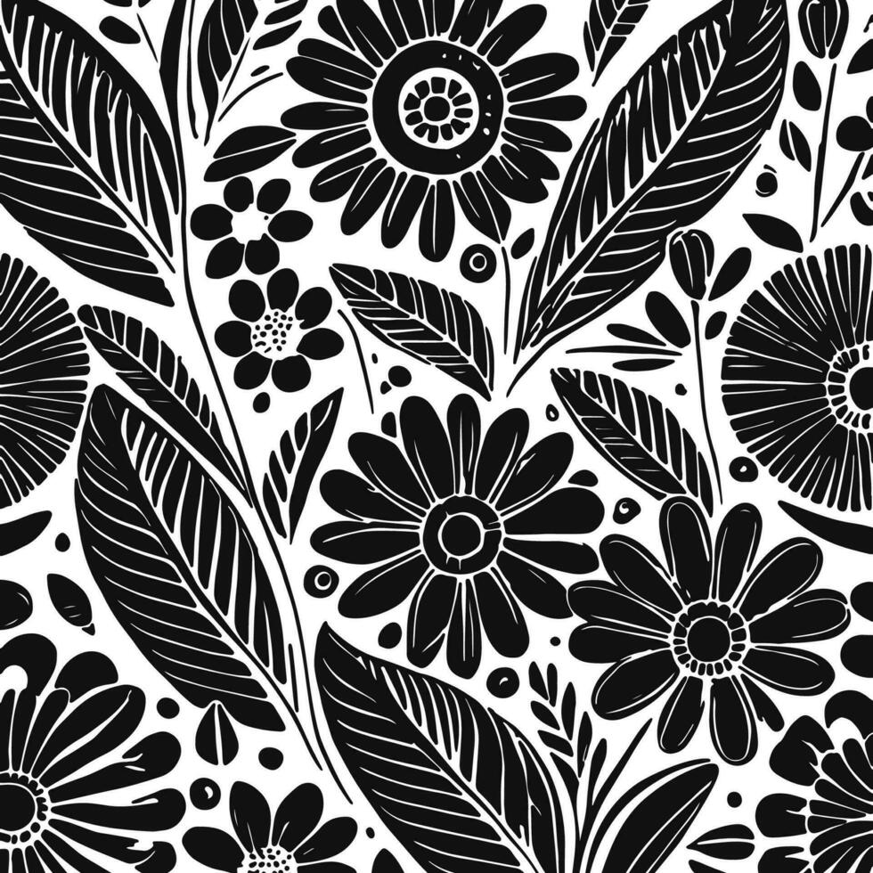 Abstract Black And White Monochromatic Hand-drawn Flowers Texture Pattern Doodle Vector Illustration