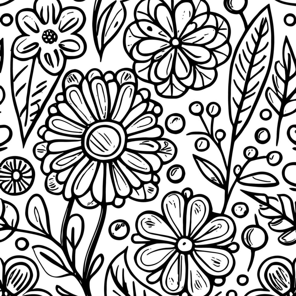 Abstract Black And White Monochromatic Hand-drawn Flowers Texture Pattern Doodle Vector Illustration