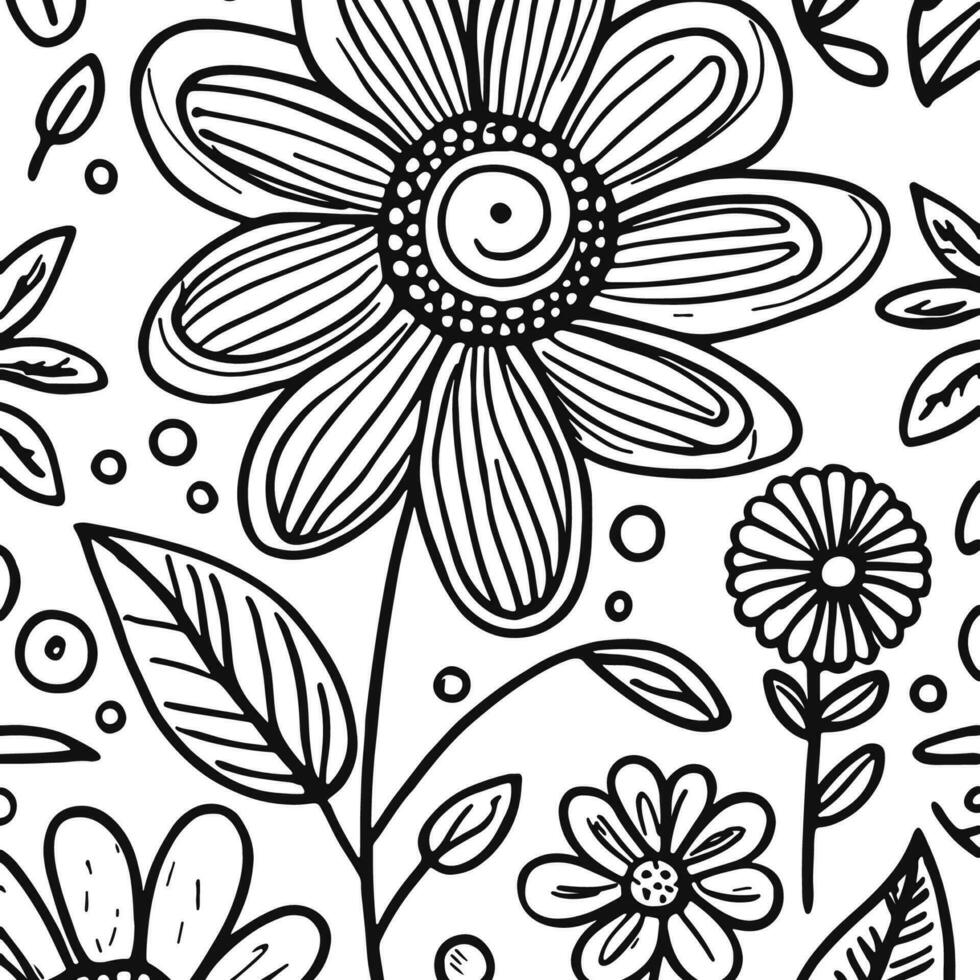 Abstract Black And White Monochromatic Hand-drawn Flowers Texture Pattern Doodle Vector Illustration