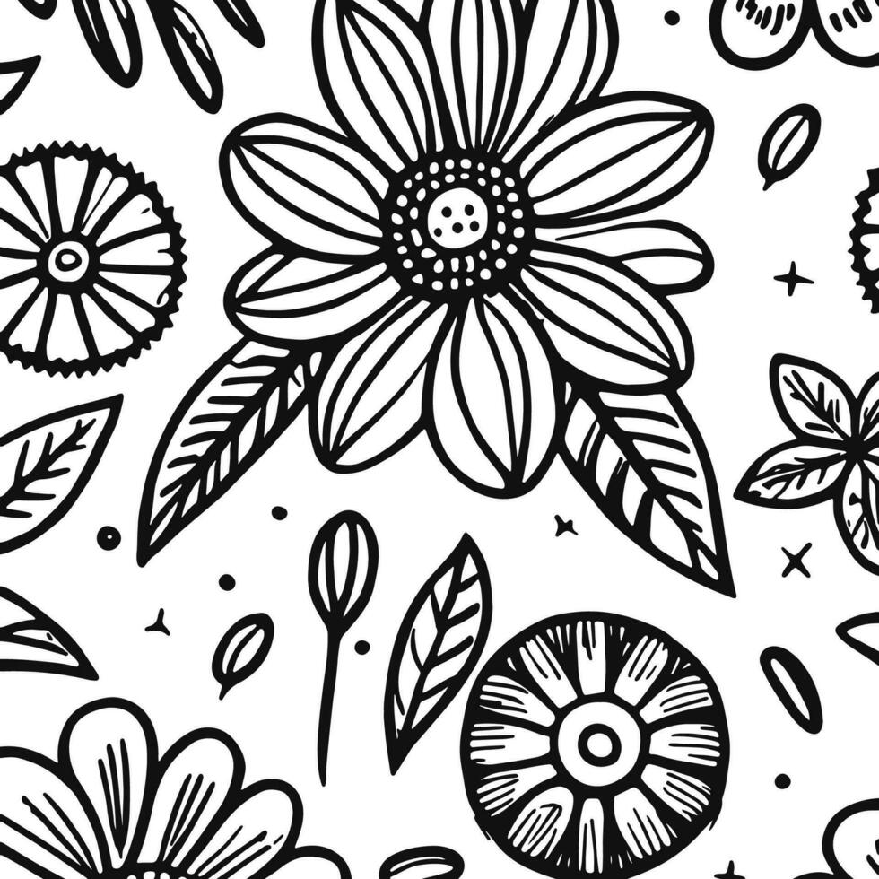 Abstract Black And White Monochromatic Hand-drawn Flowers Texture Pattern Doodle Vector Illustration