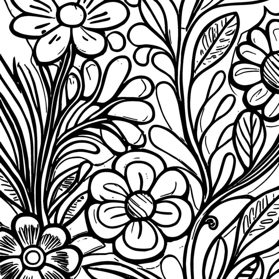 Abstract Black And White Monochromatic Hand-drawn Flowers Texture Pattern Doodle Vector Illustration