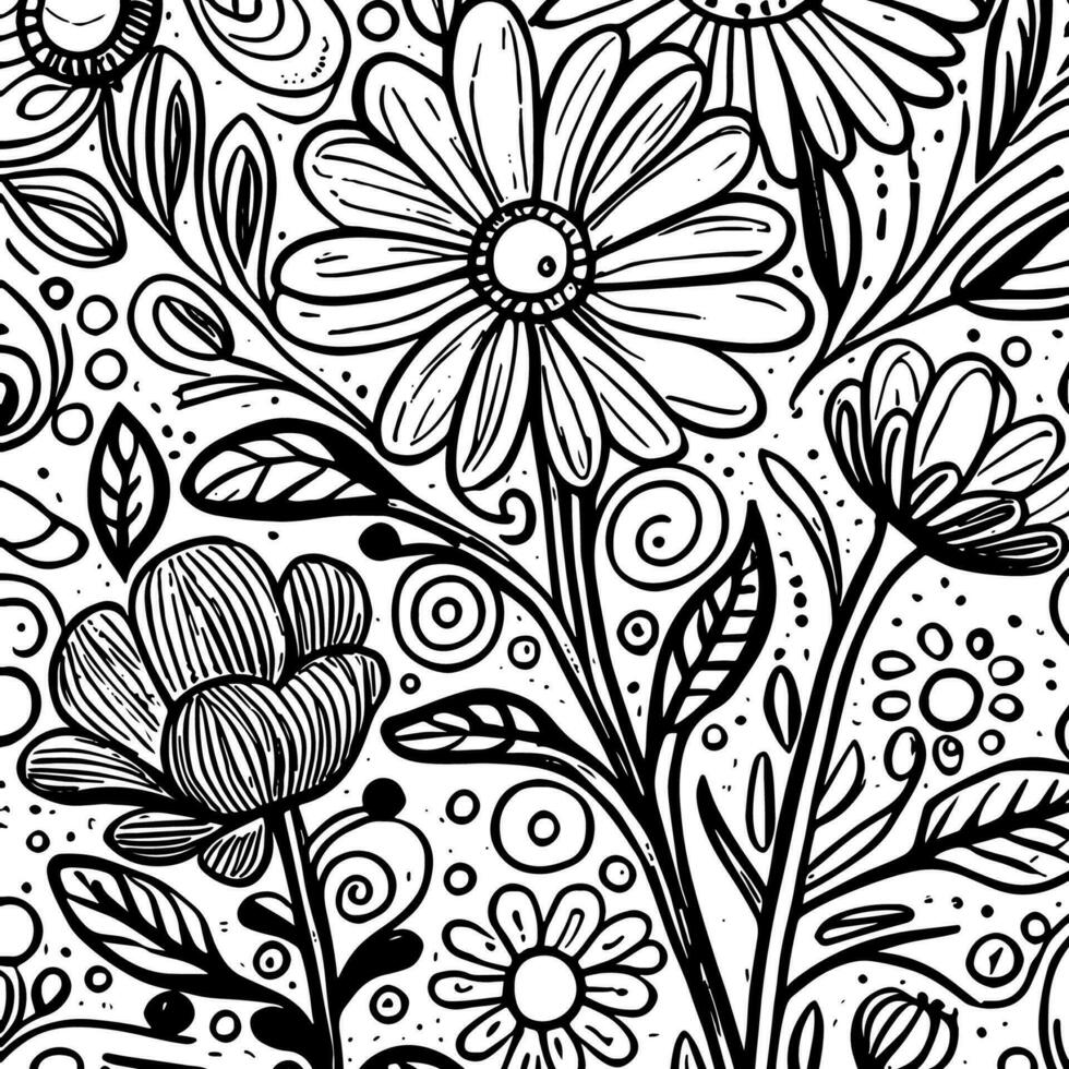 Abstract Black And White Monochromatic Hand-drawn Flowers Texture Pattern Doodle Vector Illustration
