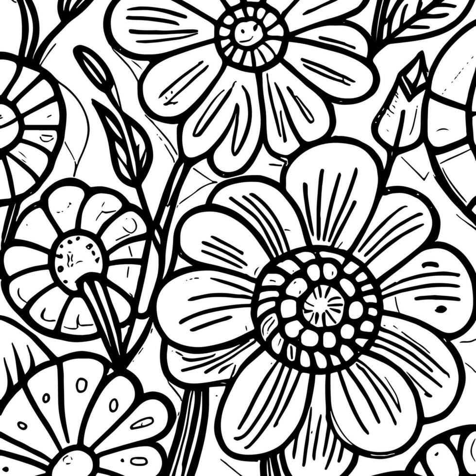 Abstract Black And White Monochromatic Hand-drawn Flowers Texture Pattern Doodle Vector Illustration