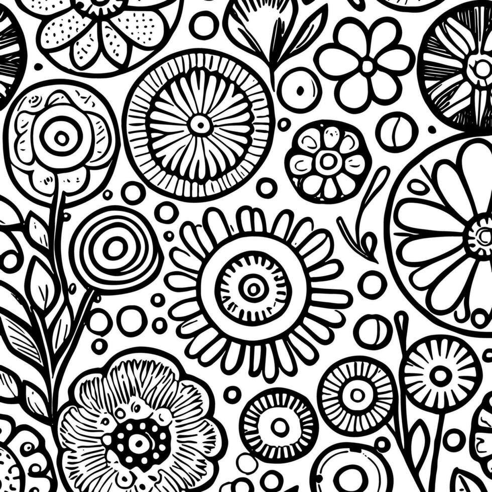 Abstract Black And White Monochromatic Hand-drawn Flowers Texture Pattern Doodle Vector Illustration