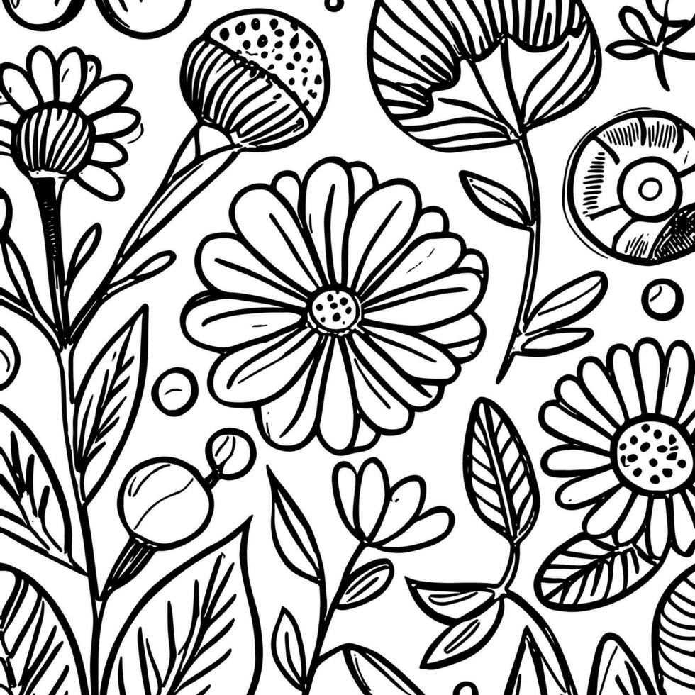 Abstract Black And White Monochromatic Hand-drawn Flowers Texture Pattern Doodle Vector Illustration