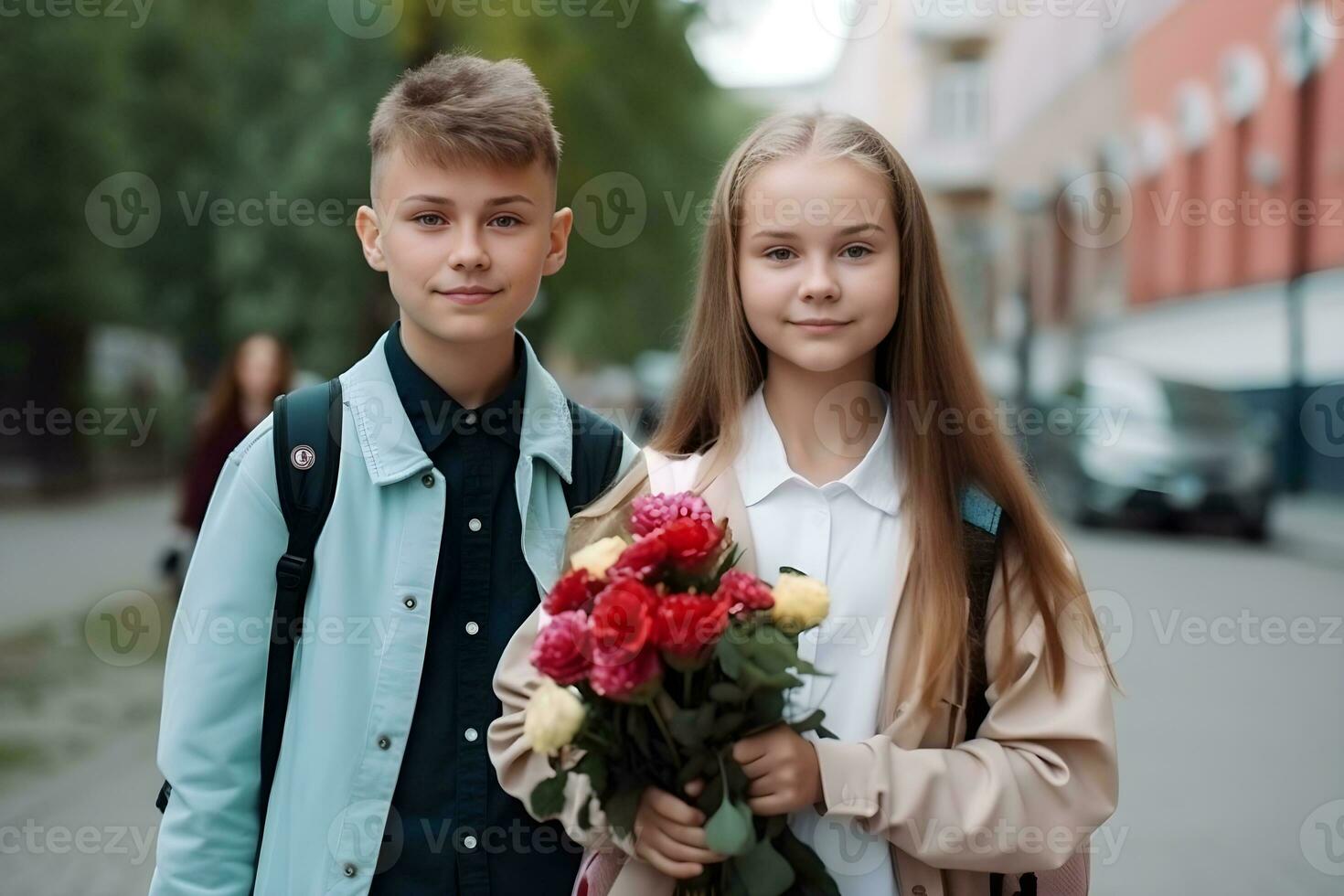 chico y niña en colegio mochilas en pie en el calle y participación flores espalda a colegio concepto. ai generado. foto