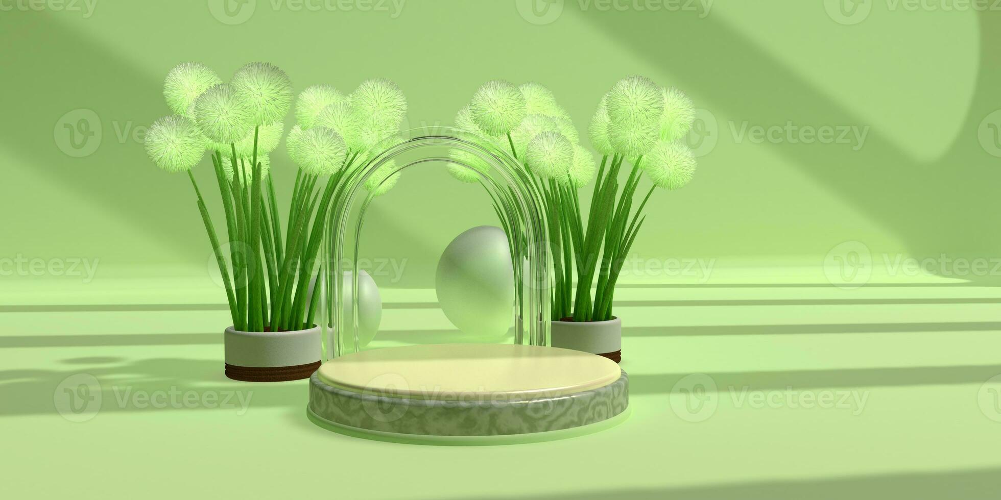 Round marble podium with glass wall and two potted plants on either side on a green surface. 3D Illustration photo