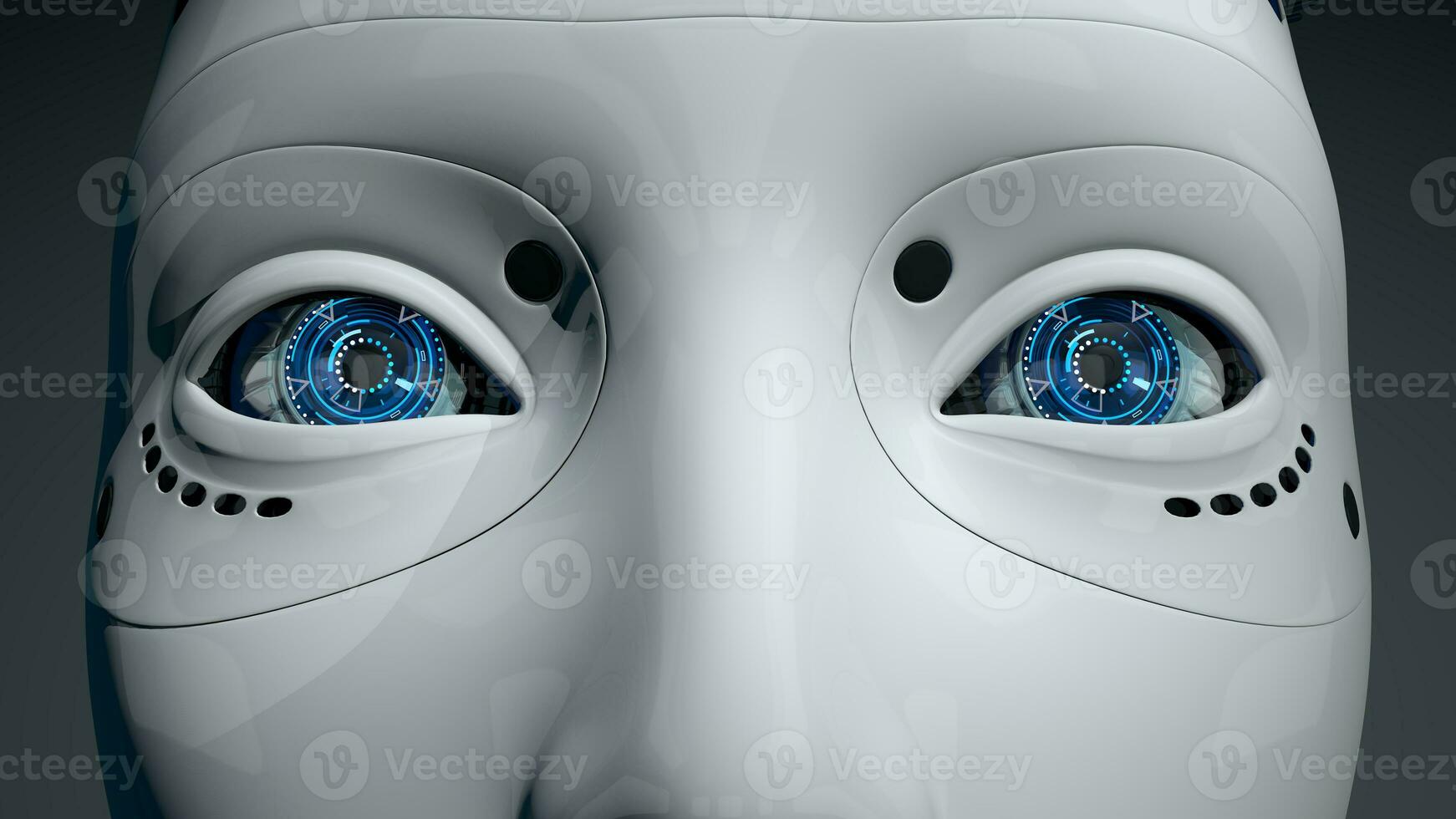 Close up on blue eyes of female humanoid robot with shiny white plastic skin. 3D Illustration photo