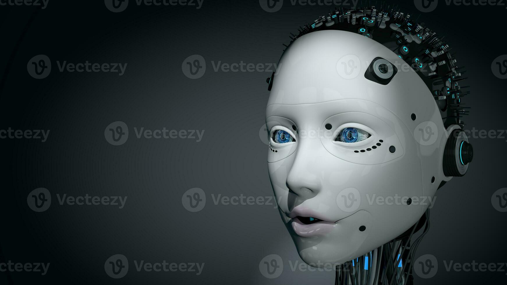 Head of female humanoid robot with white glowing plastic skin, blue eyes and illuminated circuitry in her skull against dark background. 3D Illustration photo