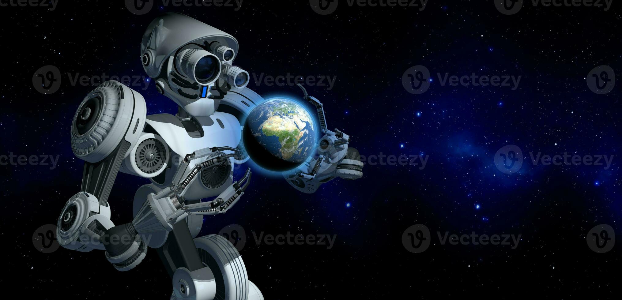 White giant android with glasses on his head and pincers in his hands analyzing the planet earth that floats between his hands. 3D Illustration photo