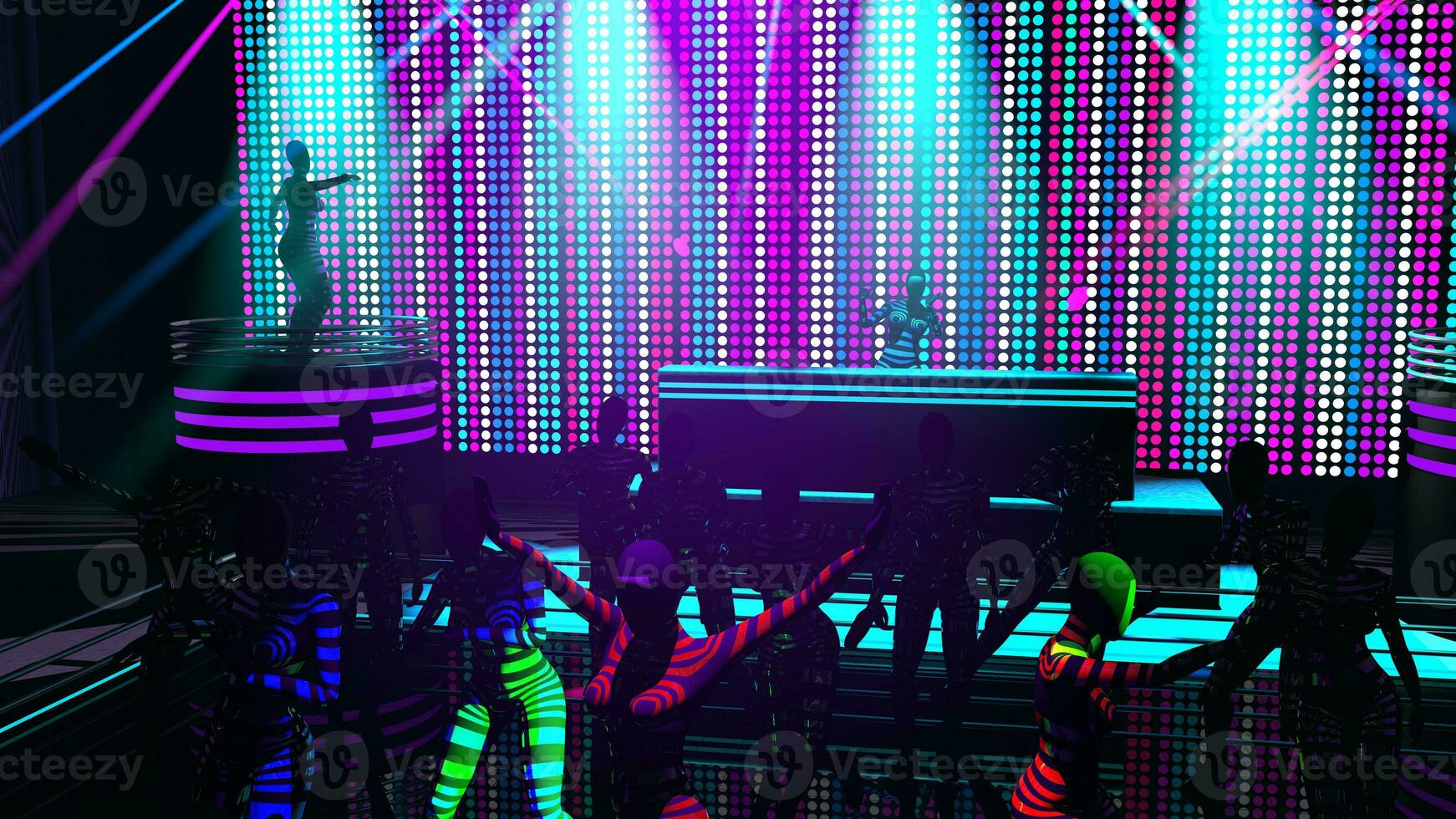 Group of women in colored bar costumes dancing in a disco with colored dot screen. 3D Illustration photo