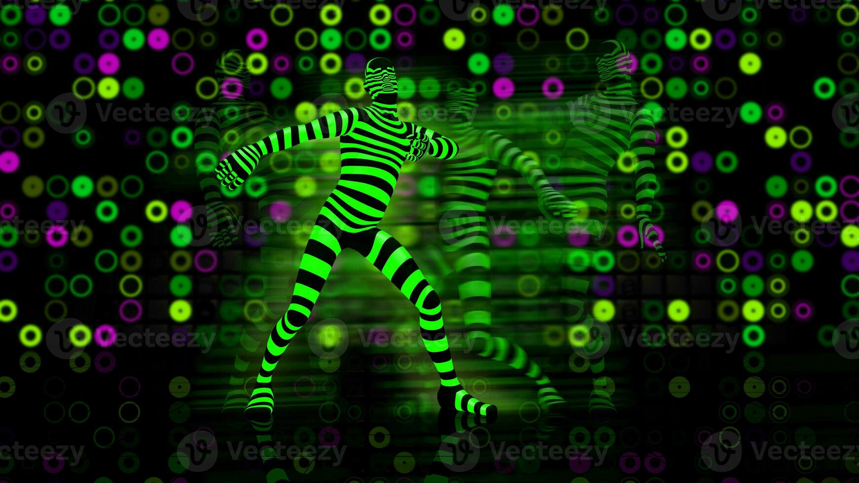 hombre en un negro disfraz con verde neón ligero bailando en el etapa de un Club nocturno con un antecedentes de verde, amarillo y magenta ligero círculos 3d ilustración foto