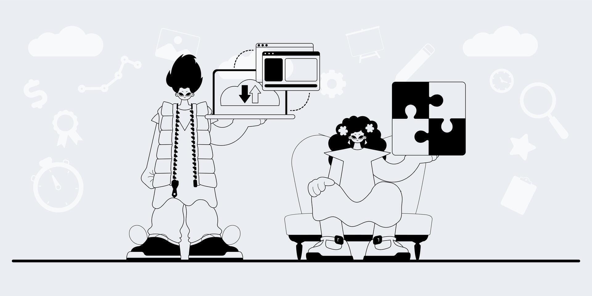 A man and woman are sitting on a couch with a computer vector