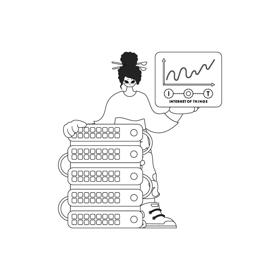 Girl, connected to a cloud storage server, in a linear style for the Internet of Things vector