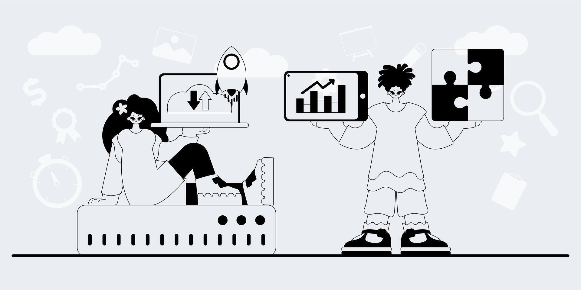 A man and woman are holding up a laptop and a tablet vector