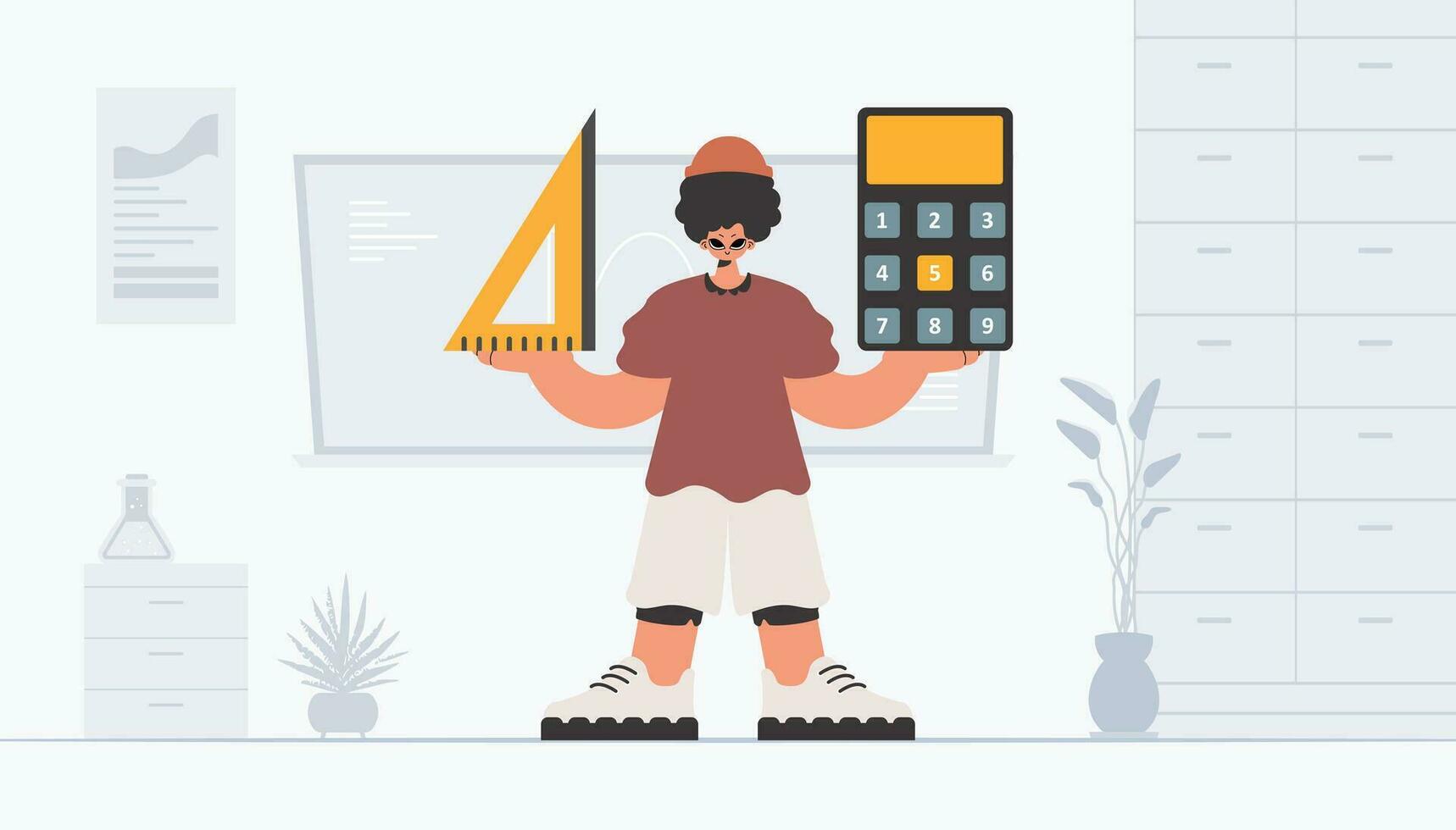 The individual is holding a ruler and a calculator, learning subject. Trendy style, Vector Illustration