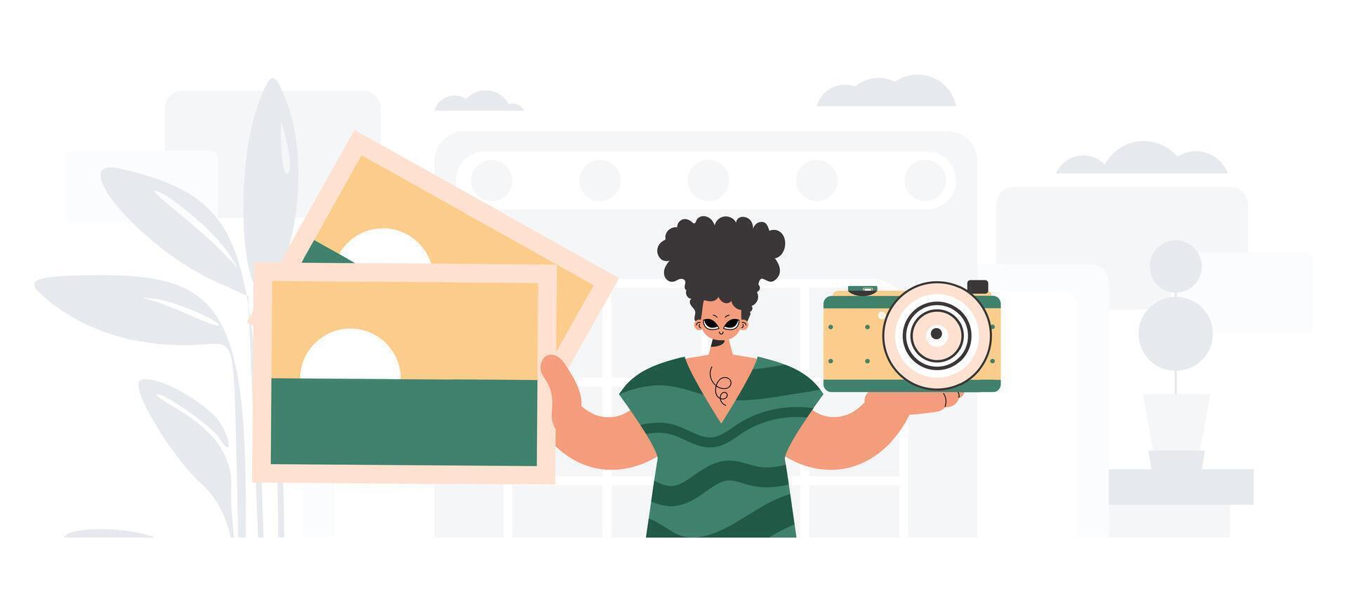 A woman holding a camera and a book vector