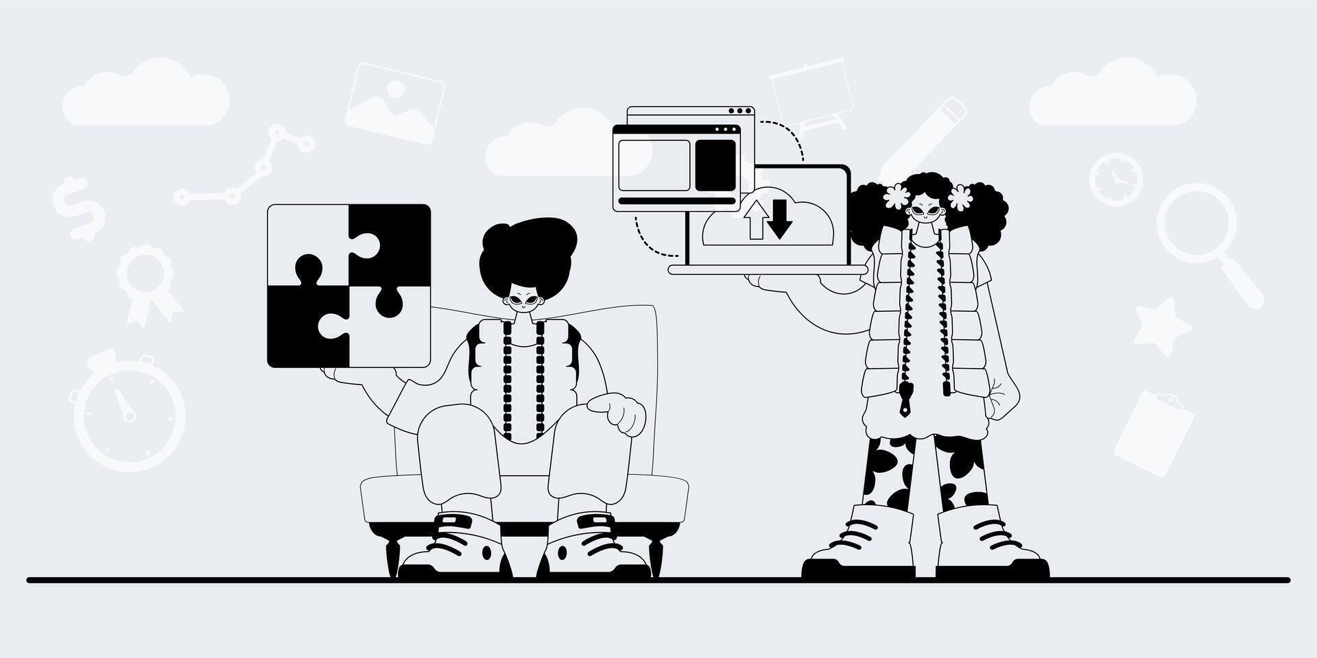 Two people are holding up pieces of puzzle vector