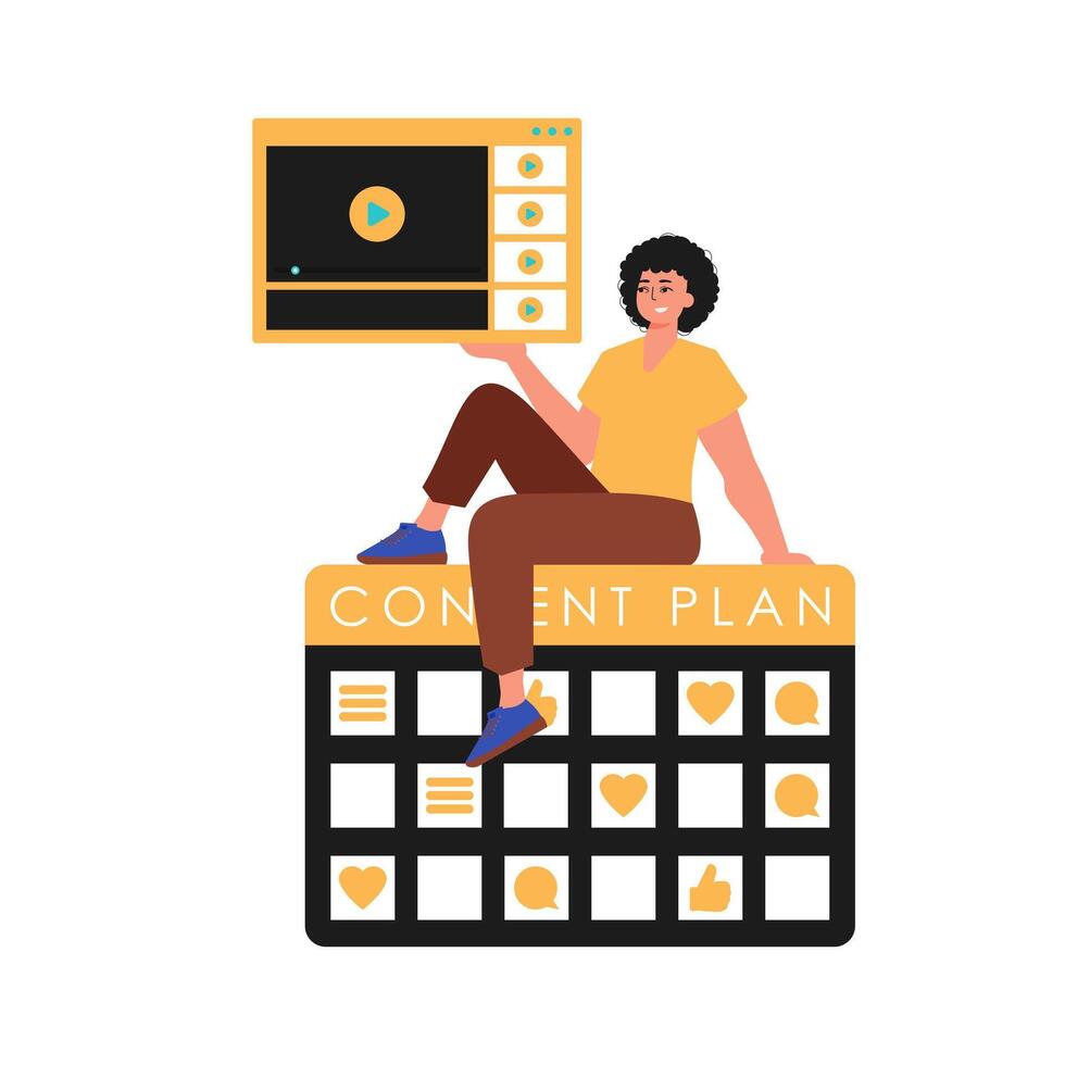 The guy sits on the content plan and holds a window with a video . message planning typography. Trendy style, Vector Illustration