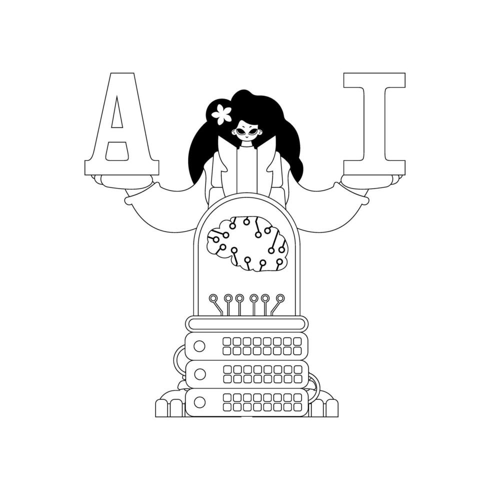 AI server and girl in linear style , focusing on AI theme vector