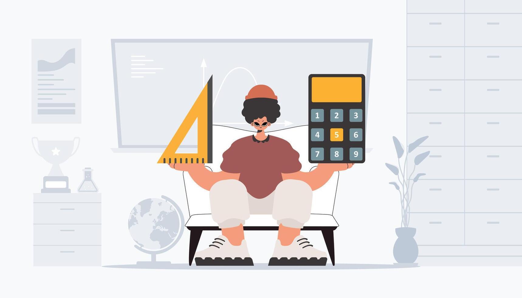 The individual is holding a ruler and a calculator, learning subject. Trendy style, Illustration vector