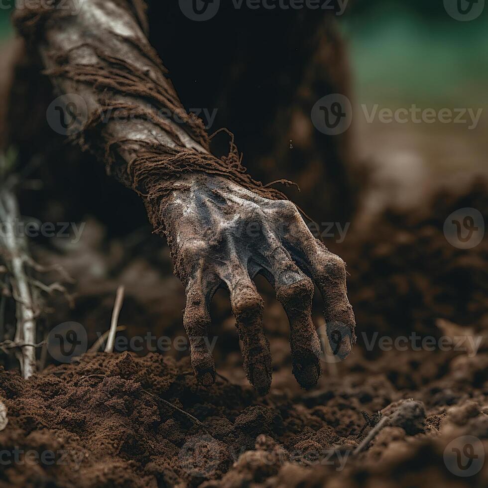 Dead hand coming out from the soil. photo