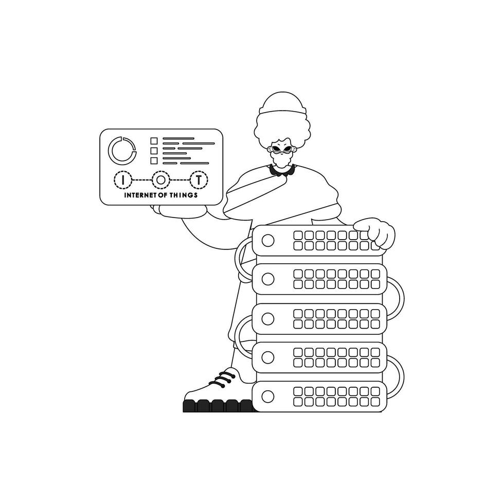 Man, cloud storage server and Internet of Things in a vector linear style