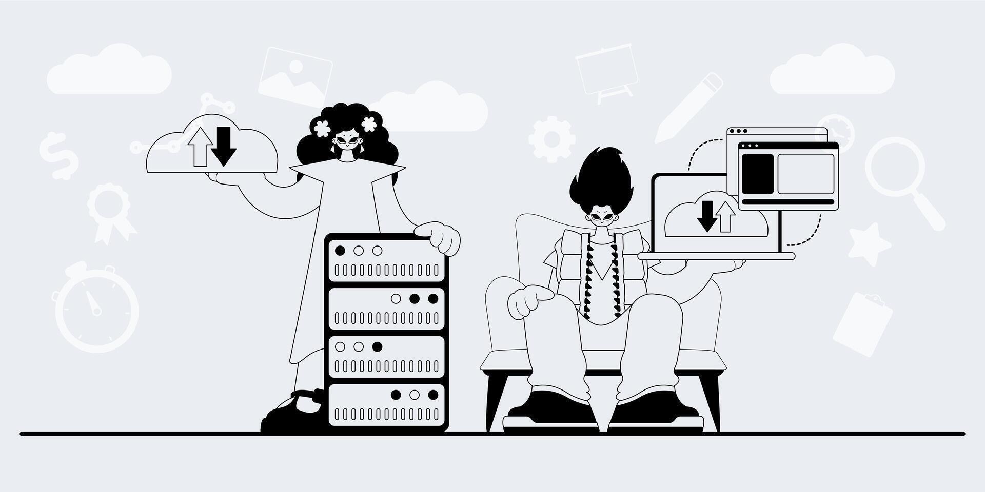 A man and woman are sitting on a chair with a computer vector