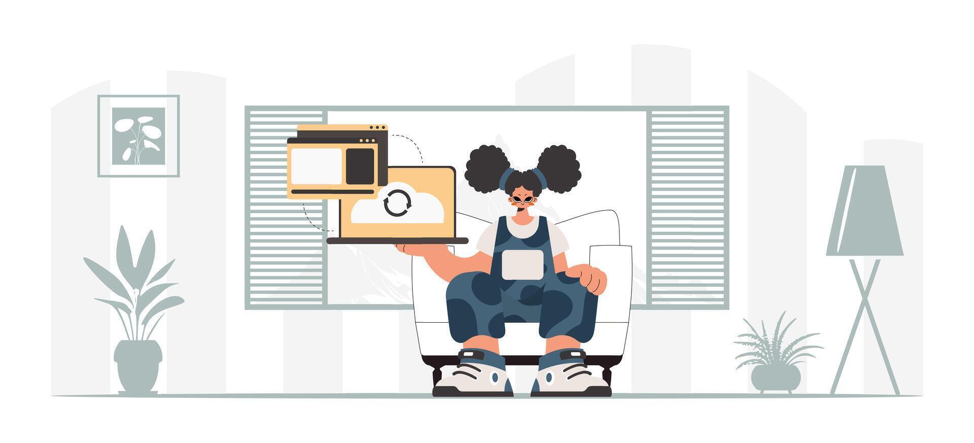 A man sitting in a chair with a laptop vector