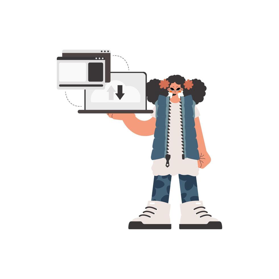 A cartoon woman holding a laptop and a mouse vector