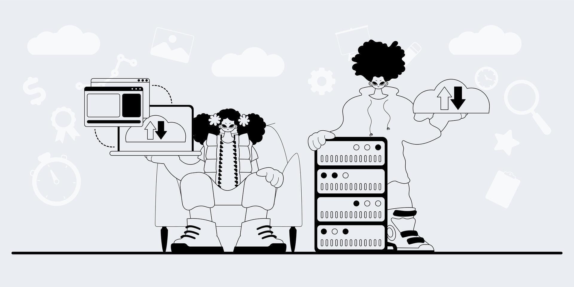 Two people are sitting in front of a computer vector