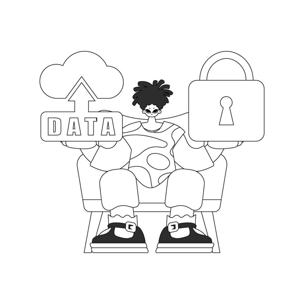 Man gripping an IoT cloud storage badge, depicted with a linear vector illustration