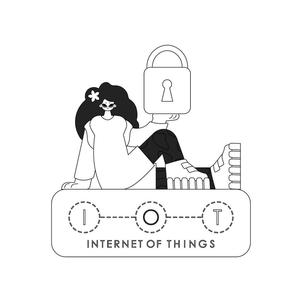 A woman is represented in a vector linear style, safeguarding data with a door lock for the Internet of Things