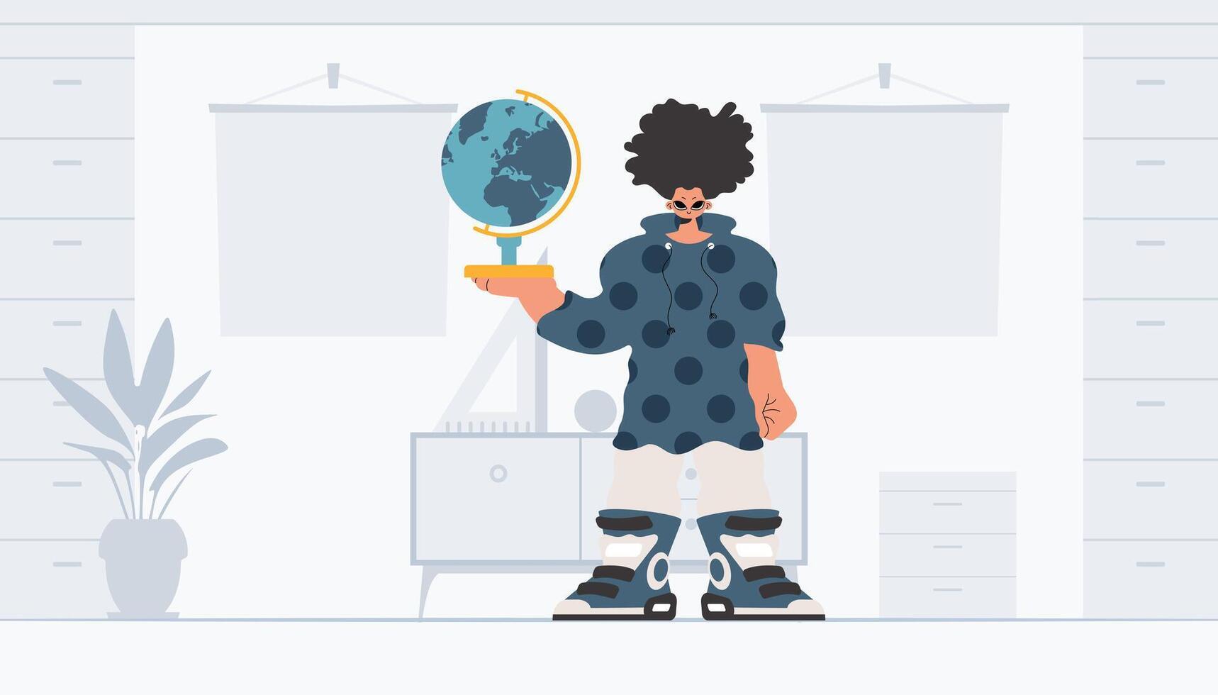 A cartoon character holding a mirror in front of a room vector