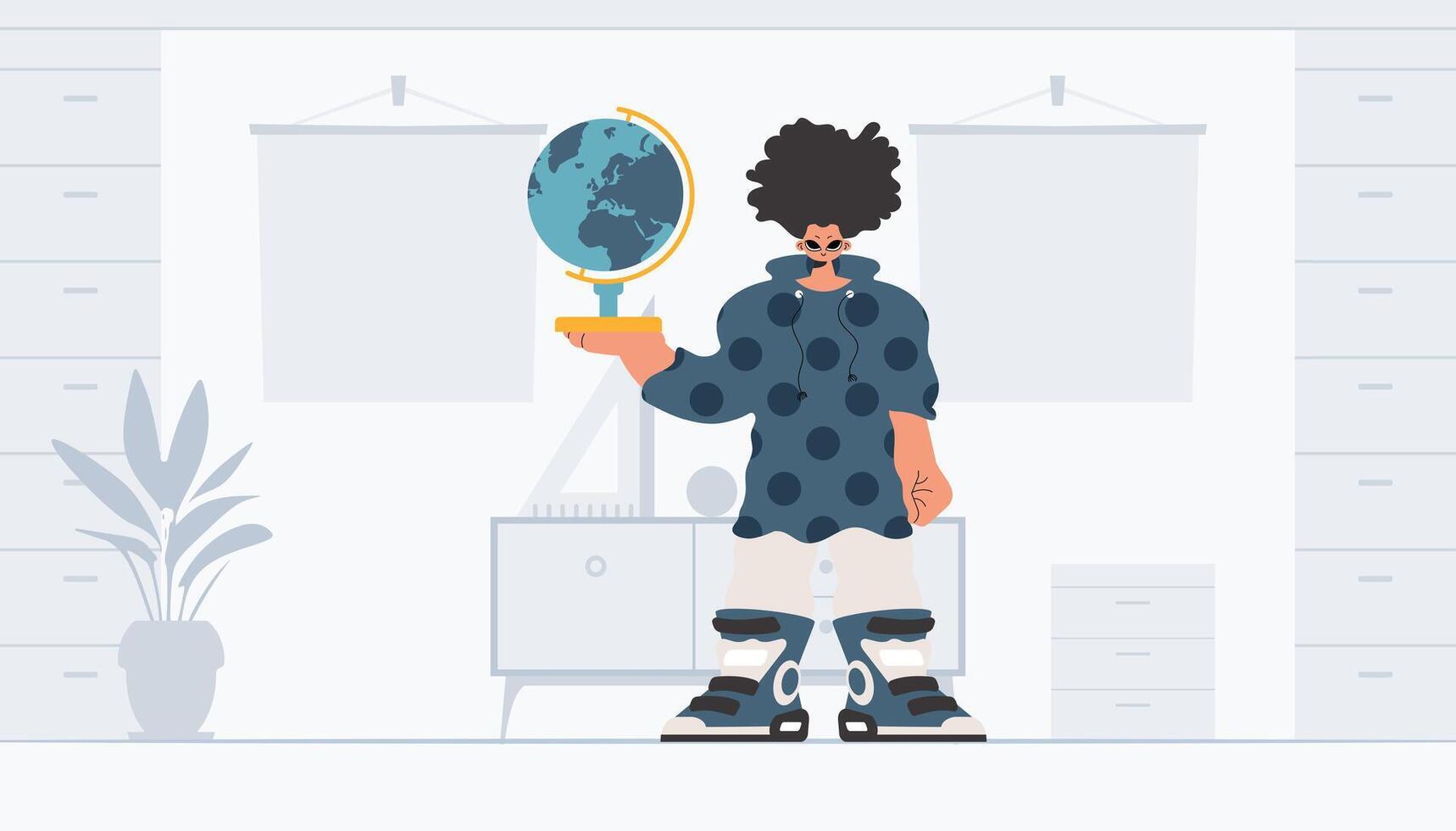 The person is holding a colossal globe, the subject of learning. Trendy style, Vector Illustration