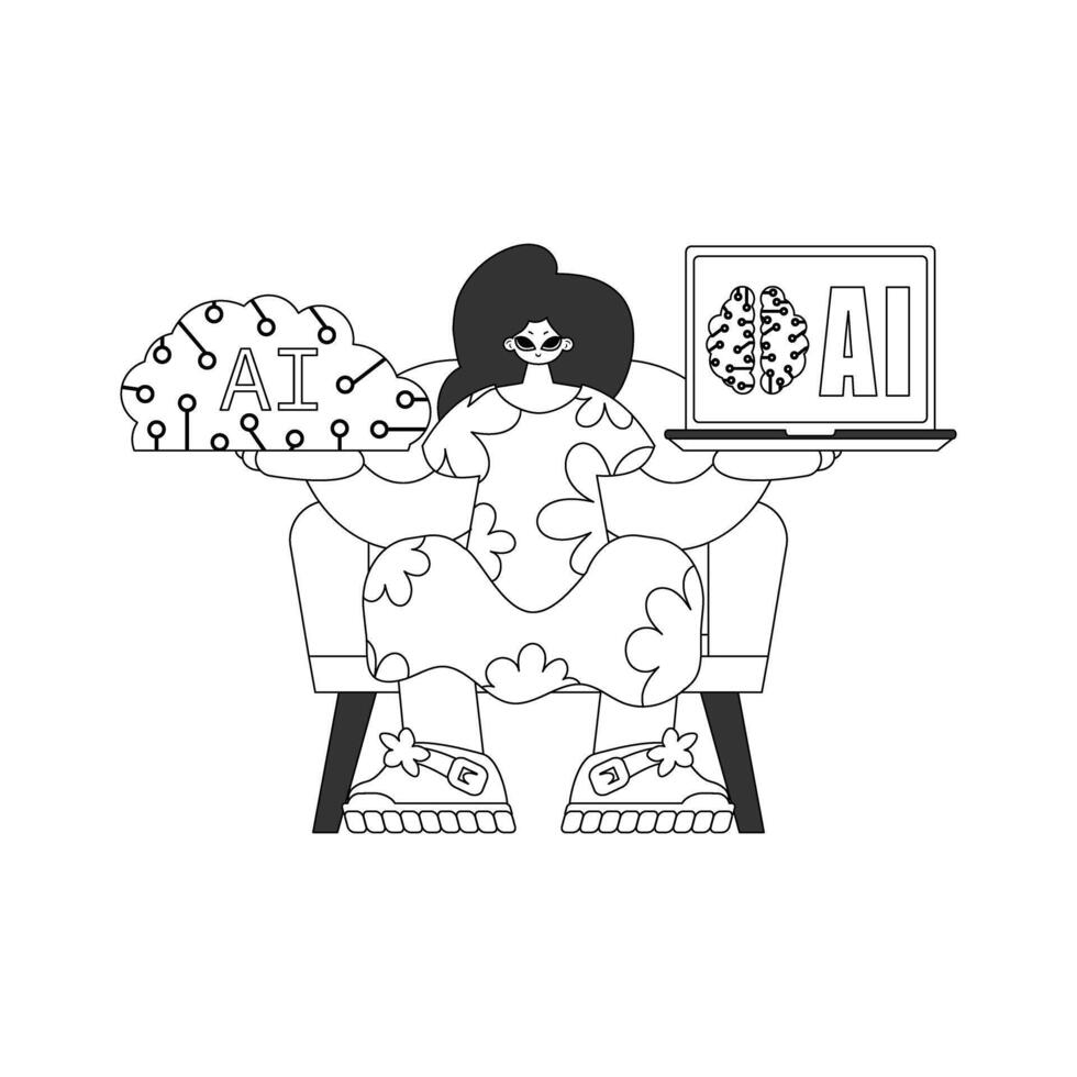 A woman sitting on a chair with a laptop and a brain vector