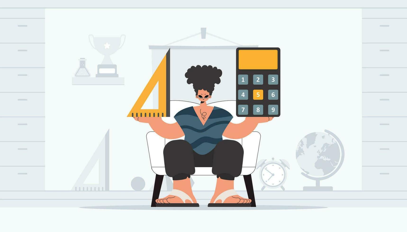 Energized woman holding a ruler and calculator, learning subject. Trendy style, Vector Illustration