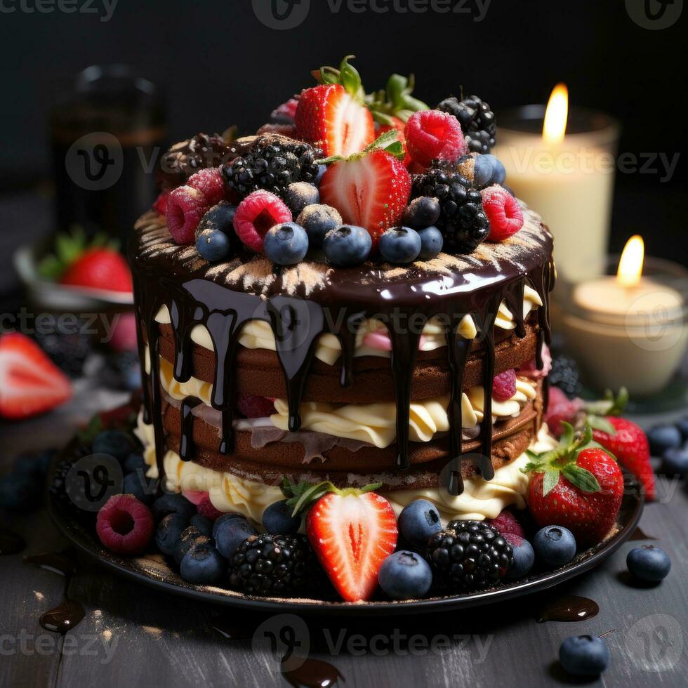 cumpleaños pastel con varios Fruta sabores, para cumpleaños celebraciones y regalos desde amado unos. genial para negocio, sitio web, ventas, Blog, medios de comunicación, cumpleaños un pan inspiración etc. ai generativo diseño foto