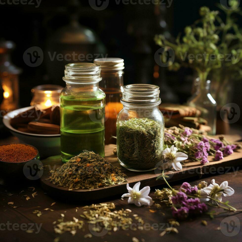 herbario orgánico medicamentos desde planta extractos de jengibre, cúrcuma, galanga etc. a sanar tradicionalmente. genial para nutrición, inmune, negocio, herbario compañías, salud blogs etc. imagen de generativo ai foto